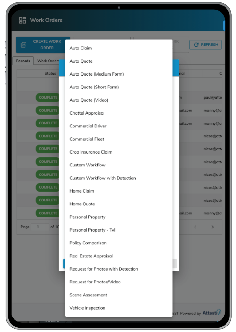 work order request list displayed on a tablet device