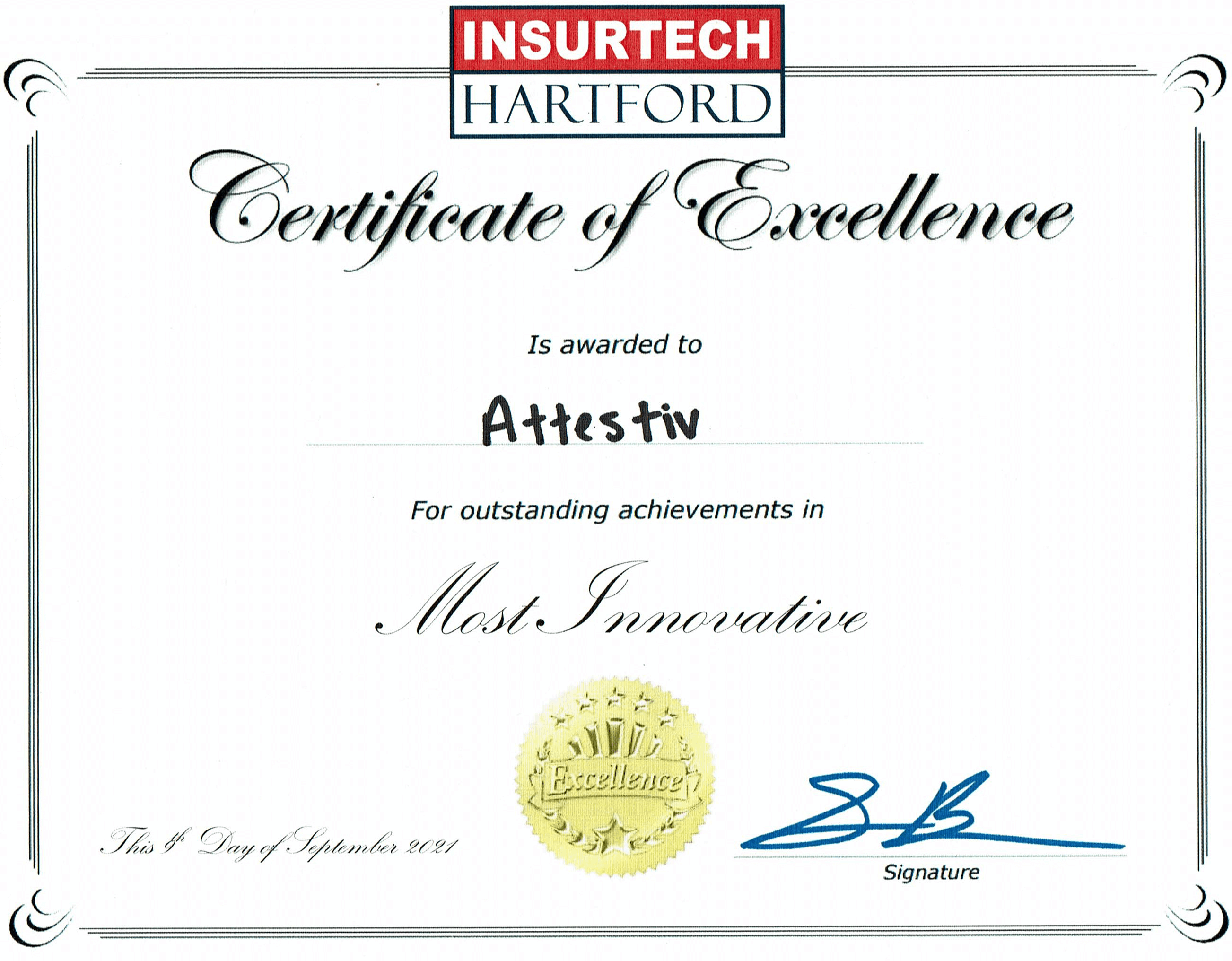 Insurtech Hartford Certificate of excellence - most innovative