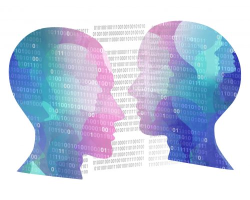 Deep fake example - 2 heads facing each other with code in the background